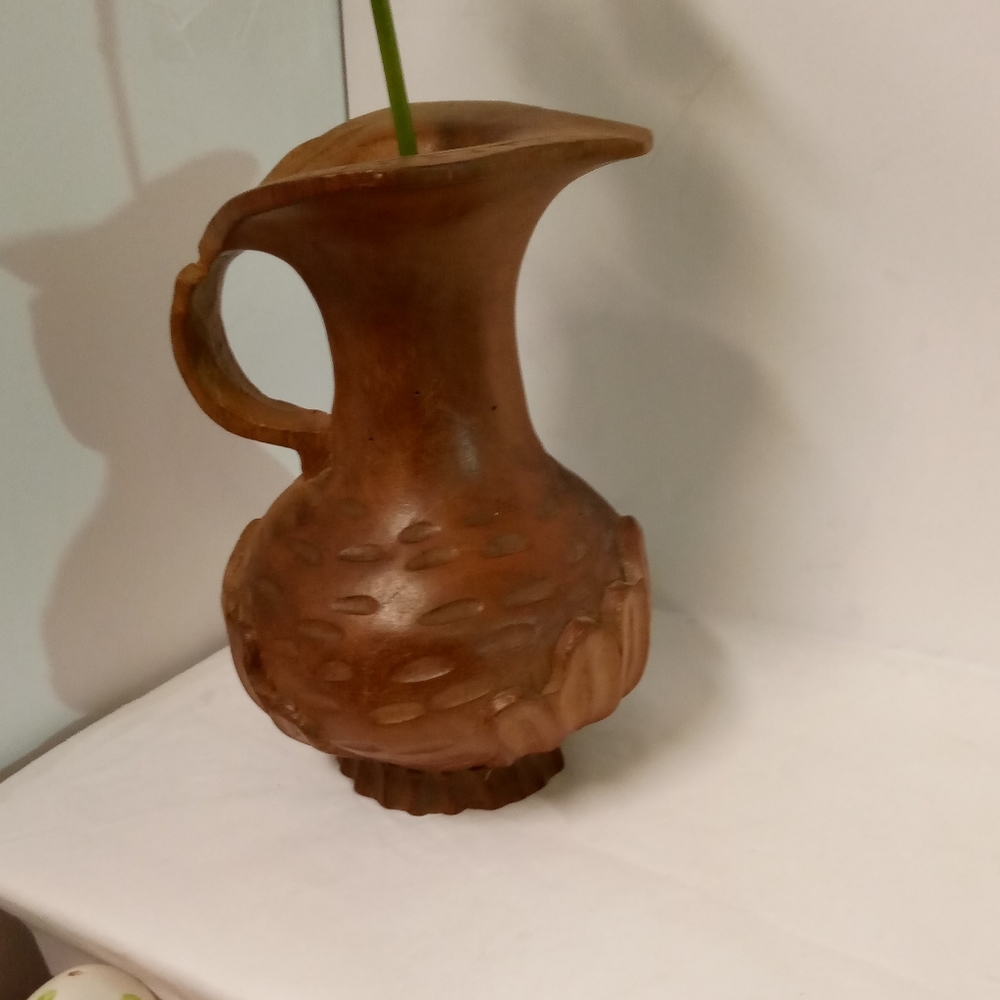 Vintage Handcrafted Solid Wood Pitcher Budding Vase, Etchings 6"